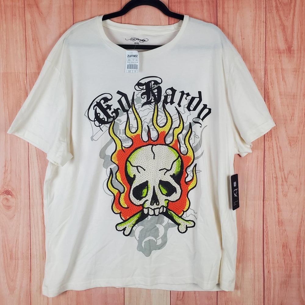 Ed Hardy Flame Skull Mens Shirt 2XL White Crew Neck Short Sleeve Embellished